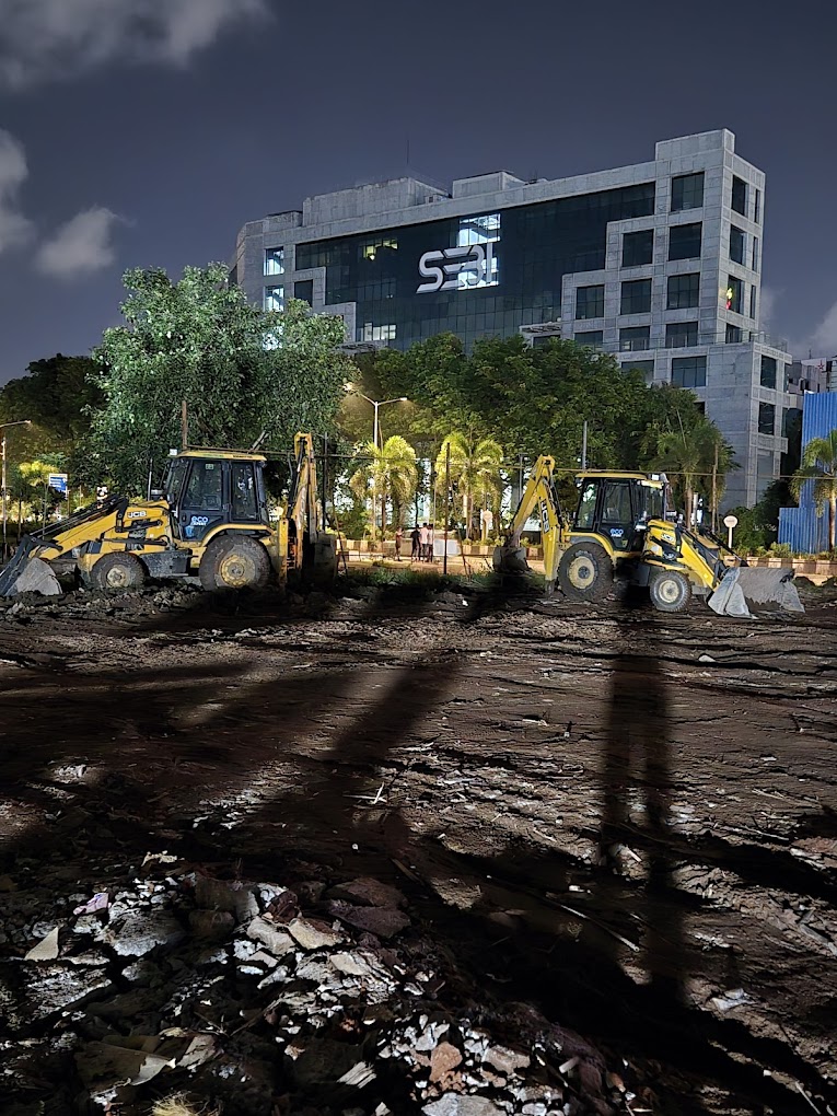JCB machines at night construction site